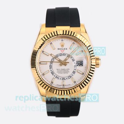 ES Factory 1-1 Replica Rolex Sky-Dweller Yellow Gold Case White Face Rubber Strap Watch 